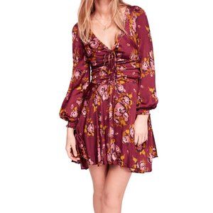 Free People Morning Light Mini Dress, Purple Combo Ruched Front V-Neck Floral